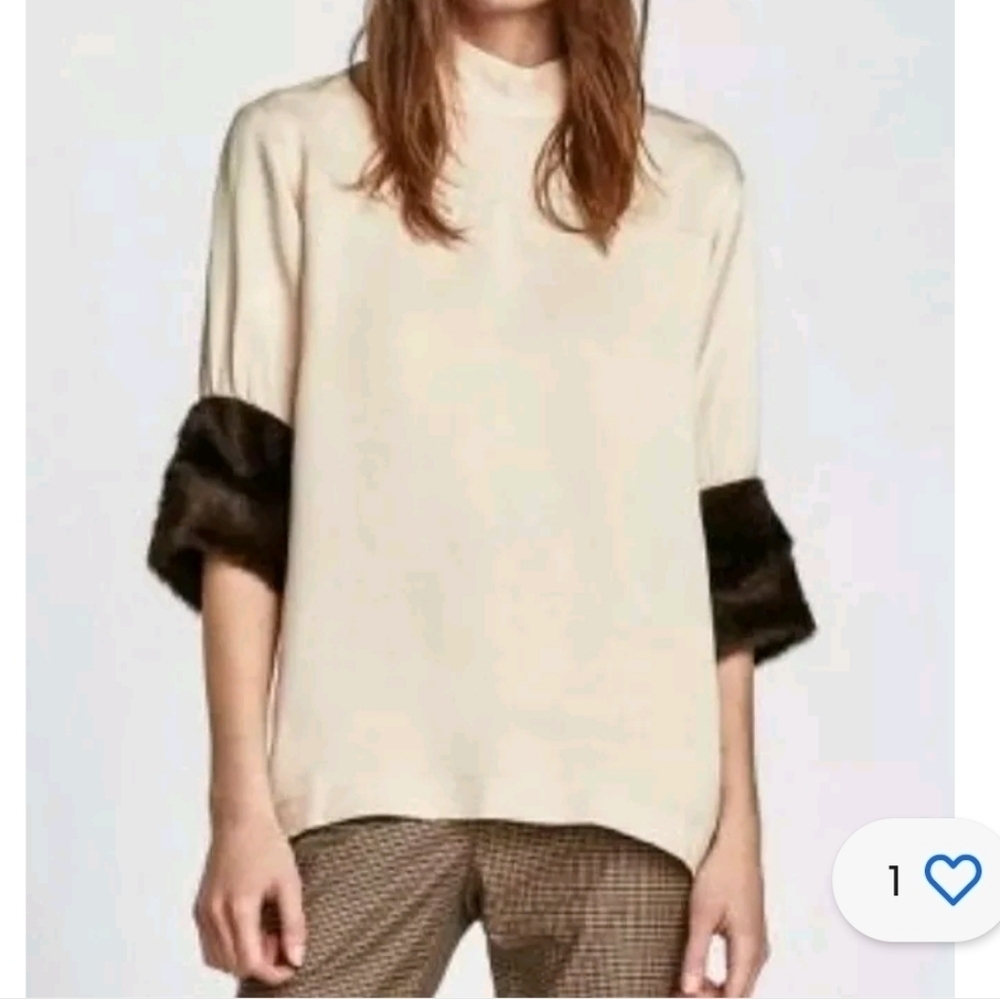 Zara Women's Faux Fur Linen Blend Top | Beige | Size Small